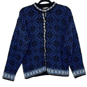 L.L. Bean Wool Fair Isle Nordic Cardigan Sweater Silver Buttons Size Medium (M)‎